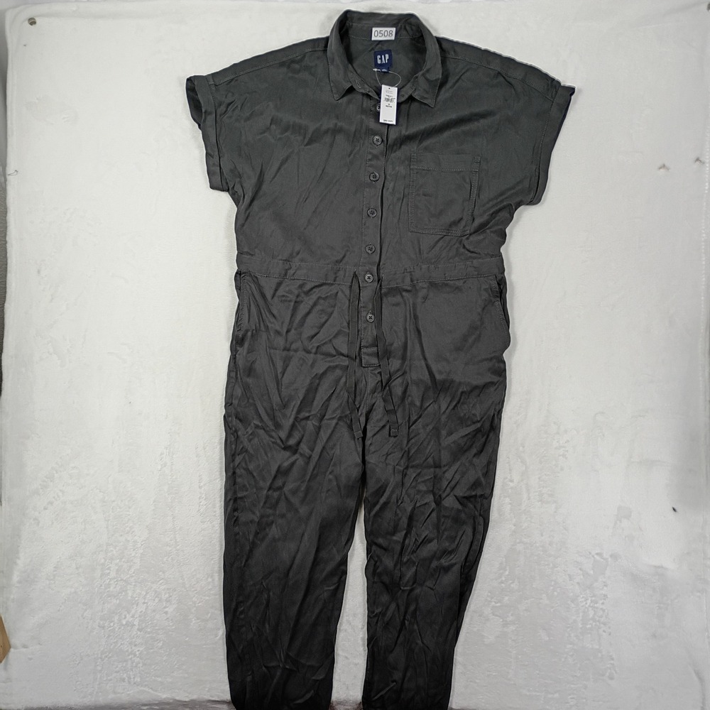 Gap Jumpsuit Womens 12 Petite Grey Short Sleeve Utility Workwear Boiler Suit